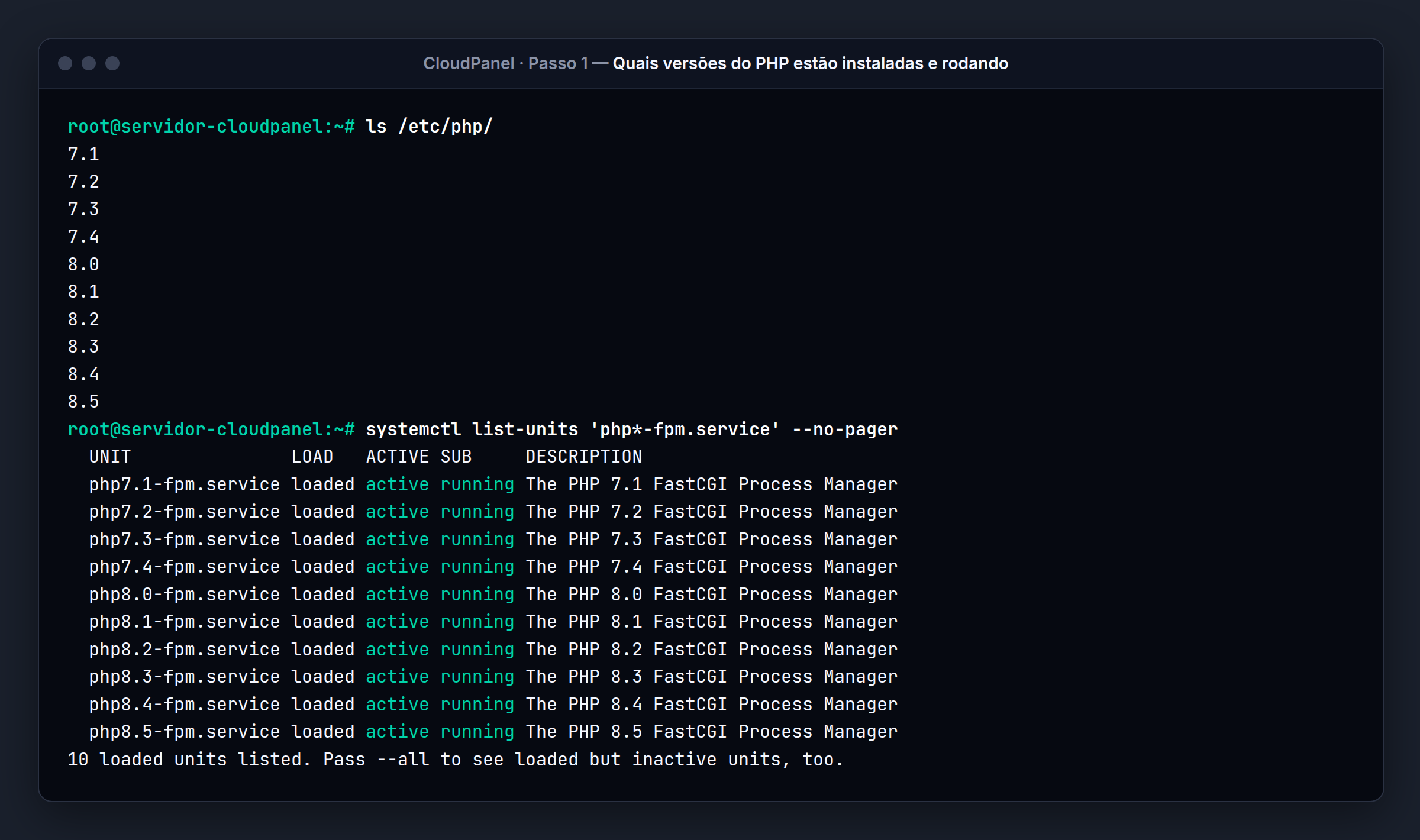 Terminal do servidor CloudPanel: No CloudPanel, dez versões do PHP rodando ao mesmo tempo