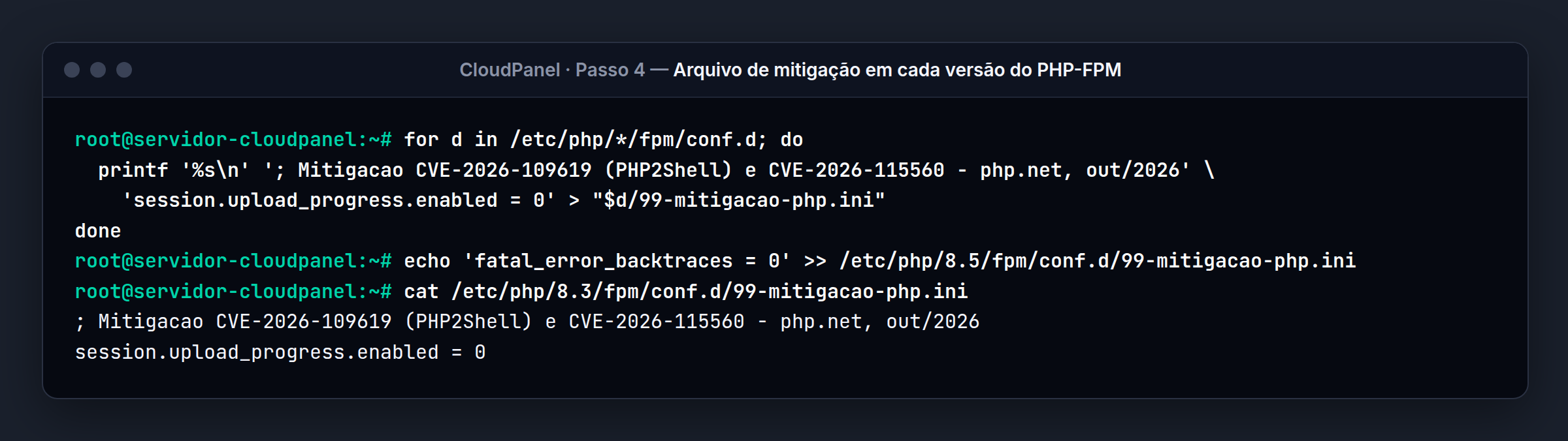 Terminal do servidor CloudPanel: O cadeado, com a linha extra do PHP 8.5
