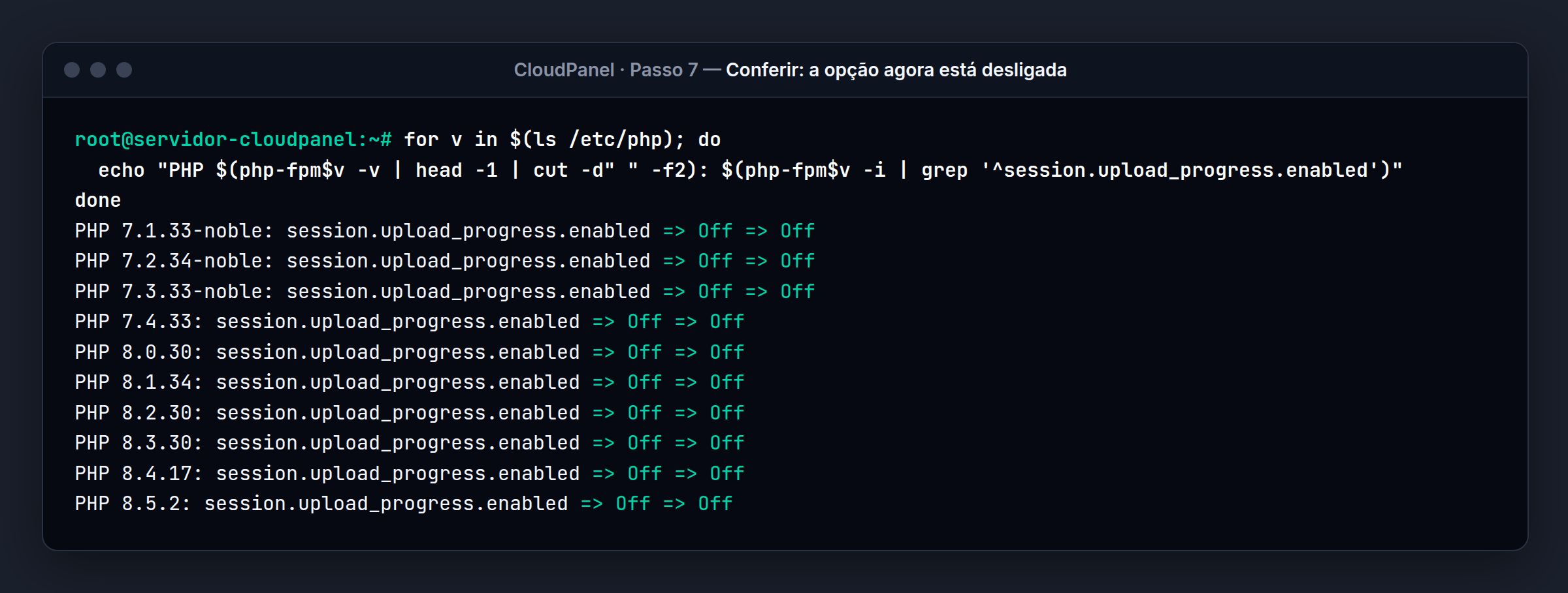 Terminal do servidor CloudPanel: Depois de testar e reiniciar: Off nas dez versões