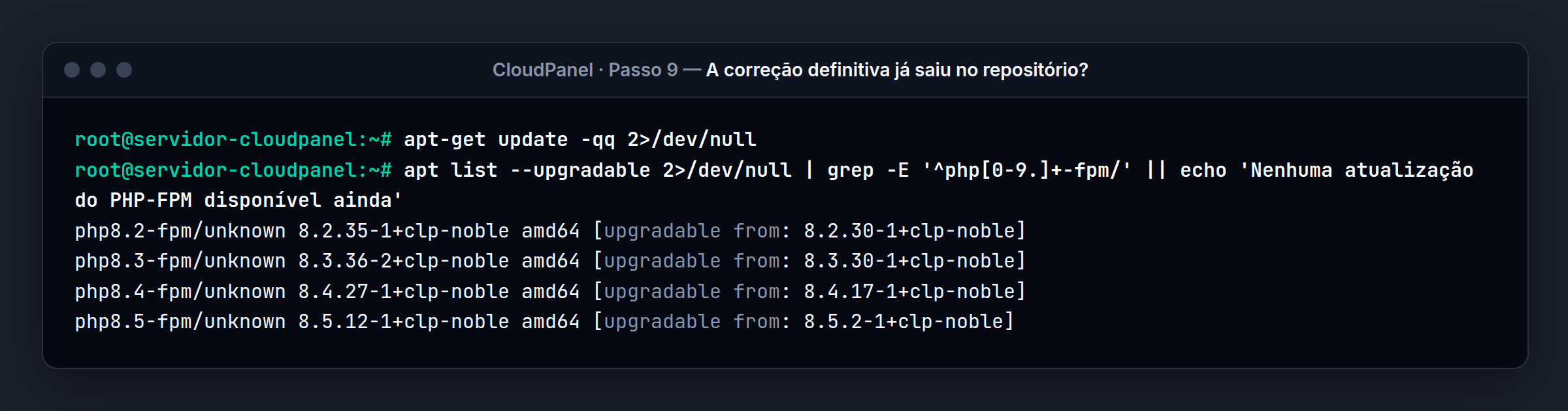 Terminal do servidor CloudPanel: O CloudPanel já oferece 8.2.35, 8.3.36, 8.4.27 e 8.5.12