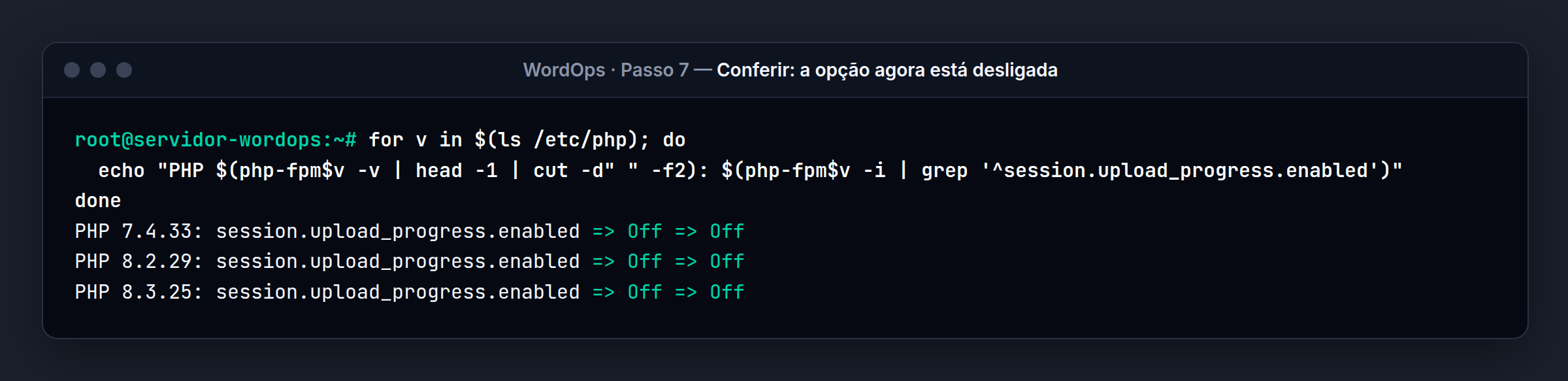 Terminal do servidor WordOps: Off em todas: o cadeado está no lugar