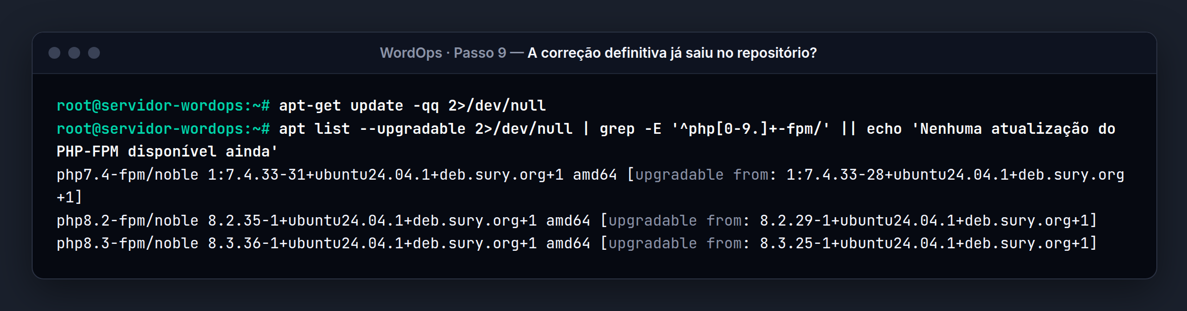 Terminal do servidor WordOps: Em 23/10, já havia o 8.2.35 e o 8.3.36 para instalar